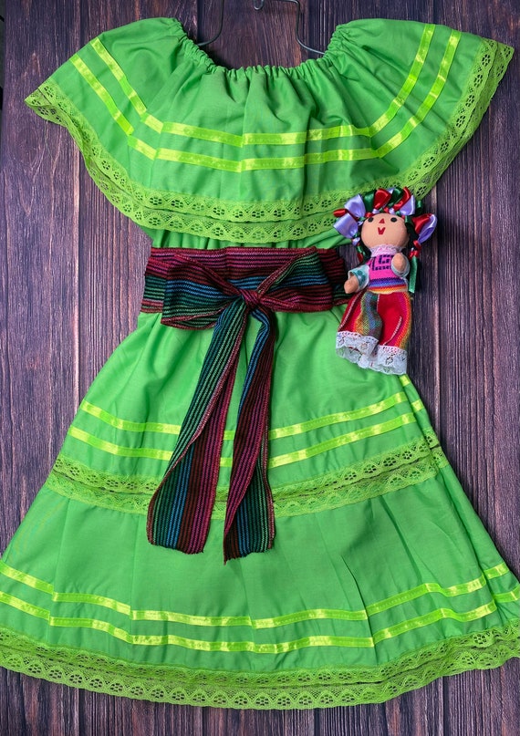 Vintage Mexican dress sash - hot pink with green and multi- colorful tassels Pink Jalisco Folkloric Dress for Girls – Professional  main image 4