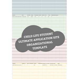May include: A spreadsheet template titled "CHILD LIFE STUDENT ULTIMATE APPLICATION SITE ORGANIZATIONAL TEMPLATE" in a gray cloud shape. The spreadsheet has columns for hospital name, location, and application status. The background is a light green and pink gradient.