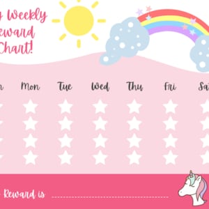 May include: A pink and white printable chart with a rainbow and a sun. The chart is for a weekly reward system with days of the week listed across the top and stars to color in for each day. The text "My Weekly Reward Chart!" is at the top of the chart. The text "My Reward is" is at the bottom of the chart.