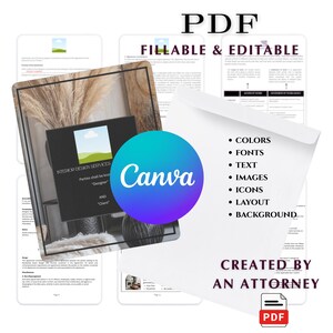 Pode incluir: Um documento PDF digital com o texto "PDF FILLABLE & EDITABLE" e "CREATED BY AN ATTORNEY". O logotipo da Canva é apresentado, juntamente com uma lista de recursos editáveis: cores, fontes, texto, imagens, ícones, layout e fundo.