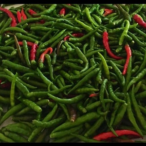 May include: A close-up image of a large bowl filled with green and red chili peppers. The peppers are arranged in a random pattern, with some of the red peppers sticking out from the top of the bowl.