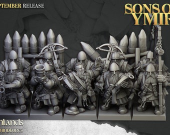 Highlands Miniatures - Unidad de ballestas enanas / Peleadores / Hijos de Ymir / 28 mm/32 mm / Miniatura / Impreso en 3D /