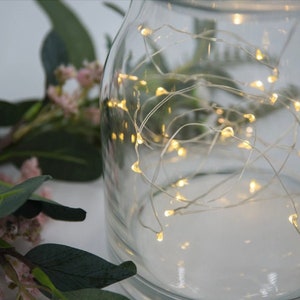 May include: A clear glass jar filled with delicate, warm white fairy lights. The lights are intertwined and create a soft glow. Green and pink floral accents are visible in the background, adding a touch of nature to the scene.
