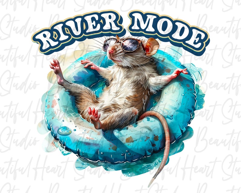 Puede incluir: Una ilustraci&oacute;n de dibujos animados de una rata con gafas de sol relaj&aacute;ndose en un flotador inflable azul. El texto "River Mode" est&aacute; escrito en una fuente retro sobre la rata.