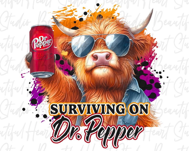 May include: A Highland cow wearing sunglasses and a denim jacket holds a can of Dr Pepper. The background is a colourful splatter of orange, pink, and purple paint. The text "SURVIVING ON Dr. Pepper" is below the cow.