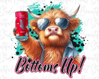 Bottoms Up Alani Cherry Slush Energy Drink png Highland Kuh Trinkdose Shirt Jubel Party Tier Sommer Vibes Spaß Digitaler Download PNG