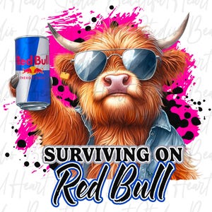 Przetrwanie na napoju energetycznym Red Bull Różowy png Highland Cow Picie Puszka Krowa Koszulka Tipsy Cheers Impreza Zwierzę Letnie wibracje Zabawa Cyfrowe pobieranie