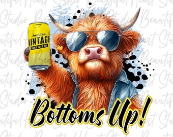 Bottoms Up Amerikanischer Eistee png Highland Kuh Trinkt Bier Dose Alkohol Shirt Vintage Betrunken Prost Party Tier Sommer Vibe Digitaler Download