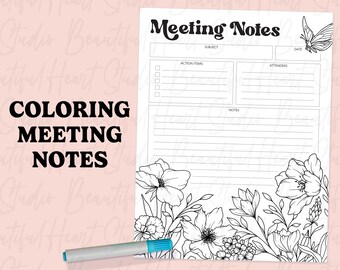 Meeting Notizen Malseite Druckbare Planer Pdf Vorlage Floral Vorlage Erwachsenen Agenda professionelles Büro Kunst Brief Organisator digitaler Download PDF