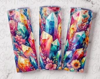 Aquarell Kristall Blumen 20 Unzen gerader Becher Wrap png Edelstein Juwel Mond bunter Regenbogen gute Stimmung spiritueller Quarz digitaler Download