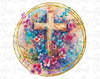 Florales Kreuz Blumen Christlich Jesus Blume Christus Sublimation Shirt Kreis Aquarell Abstraktes Design Grafik Digitaler Download png
