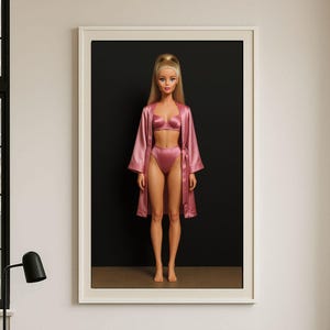 Poster con vestaglia in raso Barbie - Stampa da parete con lingerie Barbiecore, bambola glamour rosa, decorazione retrò, regalo iconico per ragazze