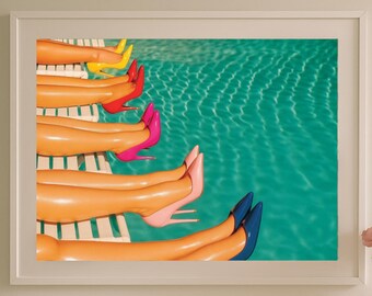 Colorful Heels Poolside Wall Art | Glam Summer Fashion Print | Vibrant High Heel Poster