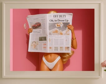 Vintage Fashion Poster: Pink Newspaper Pin-Up Girl Glam Decor