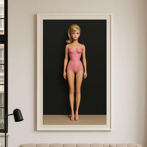 Barbiecore Wall Art - Stampa di lingerie rosa vintage con bambola di moda, poster estetica femminile retrò, decorazione glamour per camera da letto o toeletta