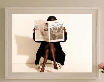 Glam Fashion Doll Poster – Black Fashion Doll Reading Newspaper, Editorial Dollcore Wall Art, Retro Glam Print for Home Decor
