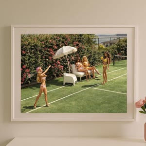 Slim Aarons Inspired Tennis Court Fashion Art Print – Retro Glam Poolside Doll Scene