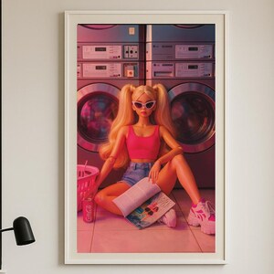 Stampa lavanderia retrò Y2K - Arte murale estetica rosa, poster di ragazza in stile anni 2000, decorazione pop femminile per lavanderia o studio