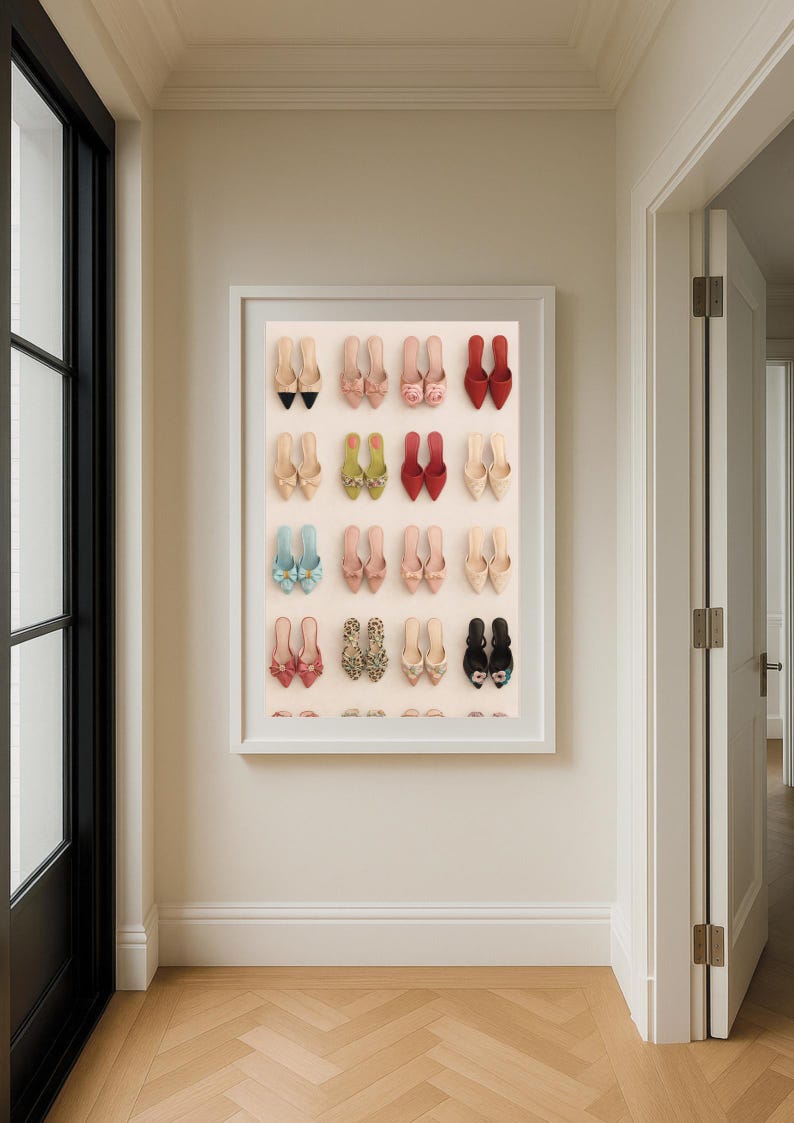 May include: A framed display of various pairs of women's shoes, including heels and flats, in a variety of colours and patterns. The shoes are arranged in rows, showcasing a collection of footwear.