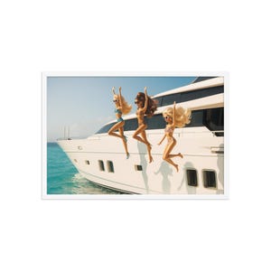 Framed Slim Aarons Inspired Luxury Yacht Art Print – Retro Summer Doll Poster, Pop Wall Art, Fun Fashion Photography, Coastal Chic Decor