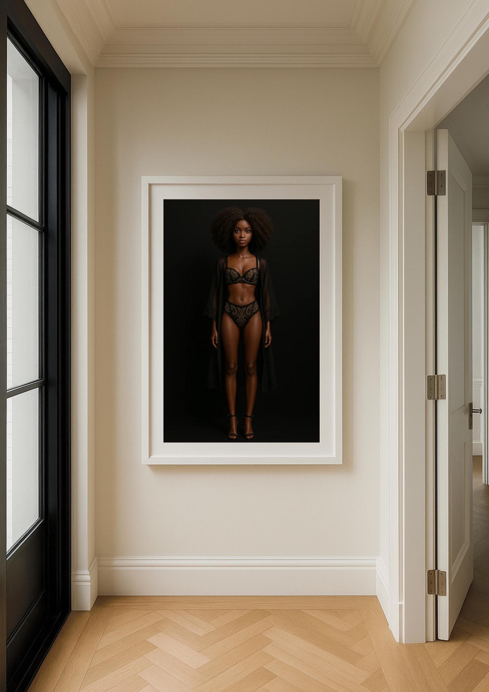 Vintage Fashion Doll Print: Black Lingerie, Retro Glam Bedroom Decor