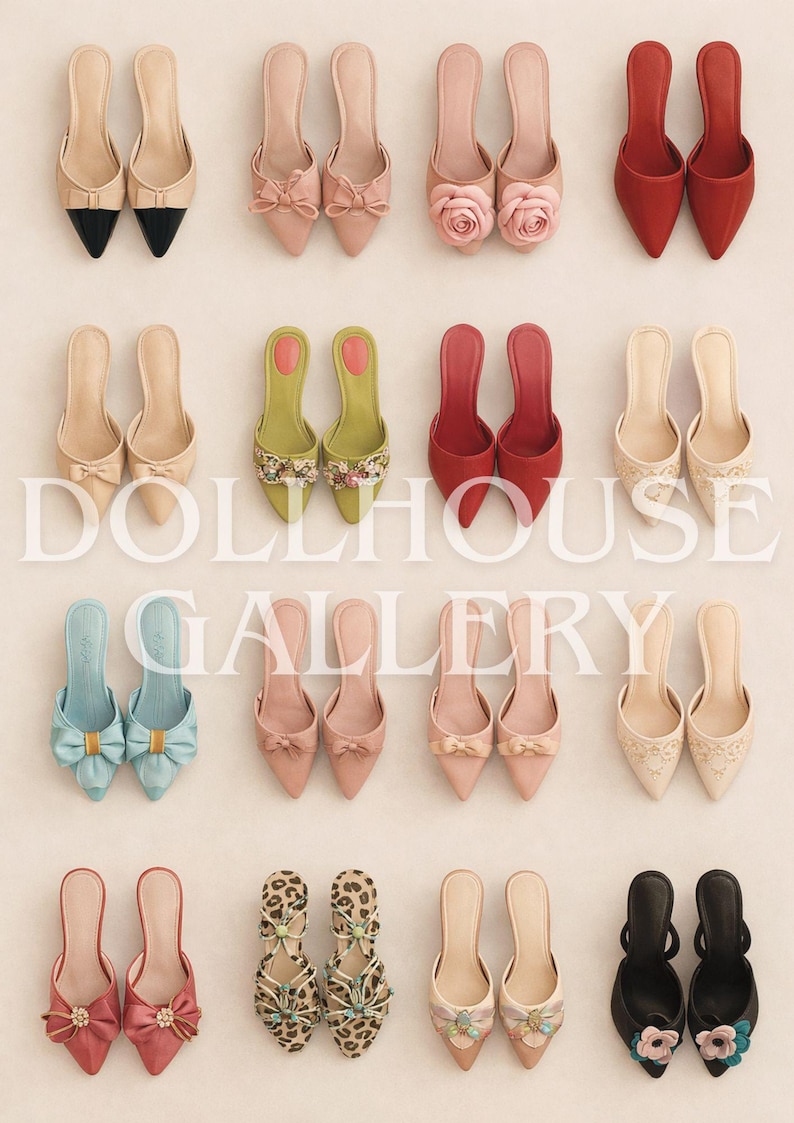 Puede incluir: Colecci&oacute;n de zapatos de tac&oacute;n para mujer en varios colores: beige, rosa, rojo y negro. Algunos zapatos presentan lazos, adornos florales o dise&ntilde;os estampados. Se aprecia el texto "DOLLHOUSE GALLERY".