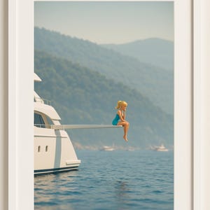 May include: A framed print featuring a doll in a blue swimsuit sitting on the edge of a yacht's diving board, overlooking the ocean. The background includes mountains and a hazy sky, creating a serene scene.