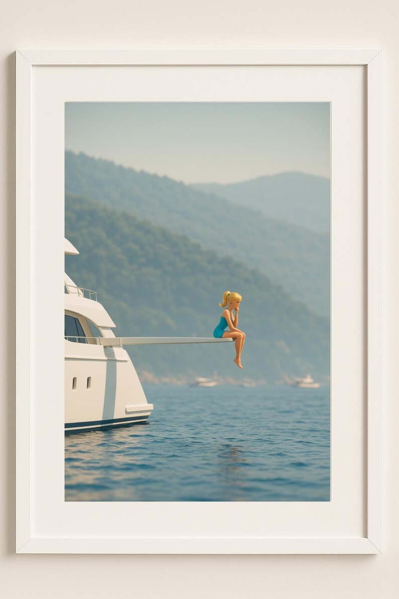 May include: A framed print featuring a doll in a blue swimsuit sitting on the edge of a yacht's diving board, overlooking the ocean. The background includes mountains and a hazy sky, creating a serene scene.