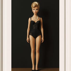 K&ouml;nnte beinhalten: Gerahmtes Bild einer Puppe in einem schwarzen Spitzen-Body und einer Perlenkette. Die Puppe hat blondes Haar, das zu einer Hochsteckfrisur gestylt ist, und tr&auml;gt schwarze Abs&auml;tze. Der Hintergrund ist schwarz.