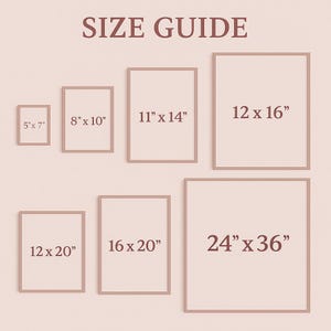 K&ouml;nnte beinhalten: Eine Gr&ouml;&szlig;entabelle mit dem Text "SIZE GUIDE" oben. Sie zeigt gerahmte rechteckige Beispiele in verschiedenen Gr&ouml;&szlig;en: 13 x 18 cm, 20 x 25 cm, 28 x 36 cm, 30 x 41 cm, 30 x 51 cm, 41 x 51 cm und 61 x 91 cm. Die Rahmen sind hellbraun.