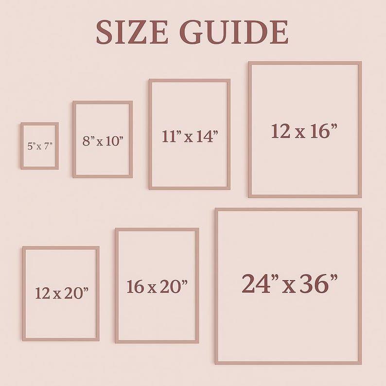 K&ouml;nnte beinhalten: Eine Gr&ouml;&szlig;entabelle mit dem Text "SIZE GUIDE" oben. Sie zeigt gerahmte rechteckige Beispiele in verschiedenen Gr&ouml;&szlig;en: 13 x 18 cm, 20 x 25 cm, 28 x 36 cm, 30 x 41 cm, 30 x 51 cm, 41 x 51 cm und 61 x 91 cm. Die Rahmen sind hellbraun.