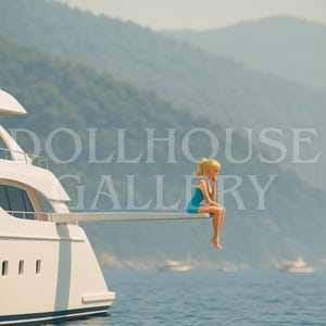 May include: A doll wearing a blue swimsuit sits on the edge of a white yacht, with the text "DOLLHOUSE GALLERY" in the background. The yacht is on the water with mountains in the distance.