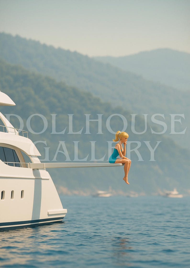 May include: A doll wearing a blue swimsuit sits on the edge of a white yacht, with the text "DOLLHOUSE GALLERY" in the background. The yacht is on the water with mountains in the distance.