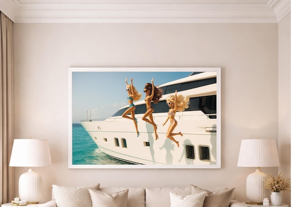 Framed Slim Aarons Inspired Luxury Yacht Art Print – Retro Summer Doll Poster, Pop Wall Art, Fun Fashion Photography, Coastal Chic Decor