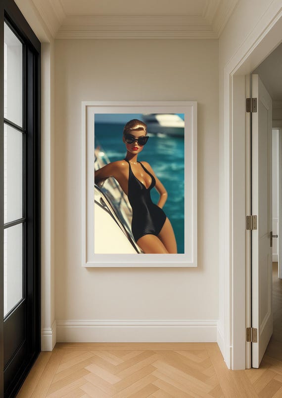 Glam Yacht Fashion Art Print – Black Swimsuit Doll Poster, Coastal Chic Wall Decor, Luxury Pop Art Photography