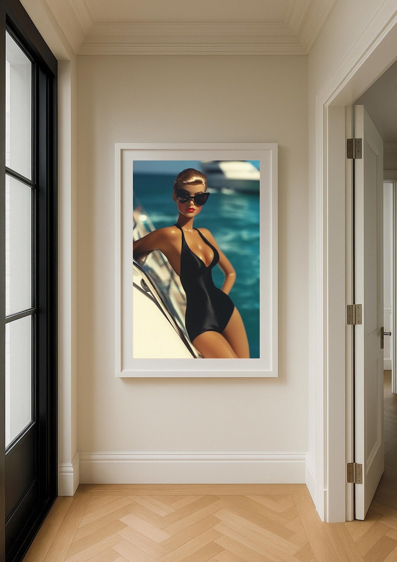 Glam Yacht Fashion Art Print – Black Swimsuit Doll Poster, Coastal Chic Wall Decor, Luxury Pop Art Photography
