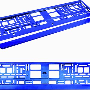 May include: Two blue plastic license plate frames, one assembled and one disassembled, are shown against a white background. The frames have a rectangular shape with multiple cutouts and a smooth, glossy finish. A separate blue bar is included.