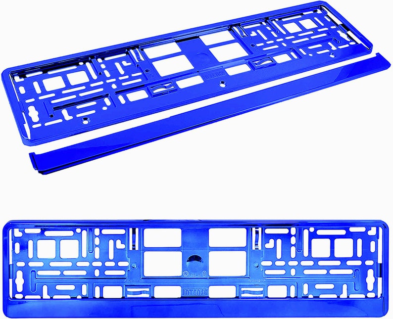 May include: Two blue plastic license plate frames, one assembled and one disassembled, are shown against a white background. The frames have a rectangular shape with multiple cutouts and a smooth, glossy finish. A separate blue bar is included.