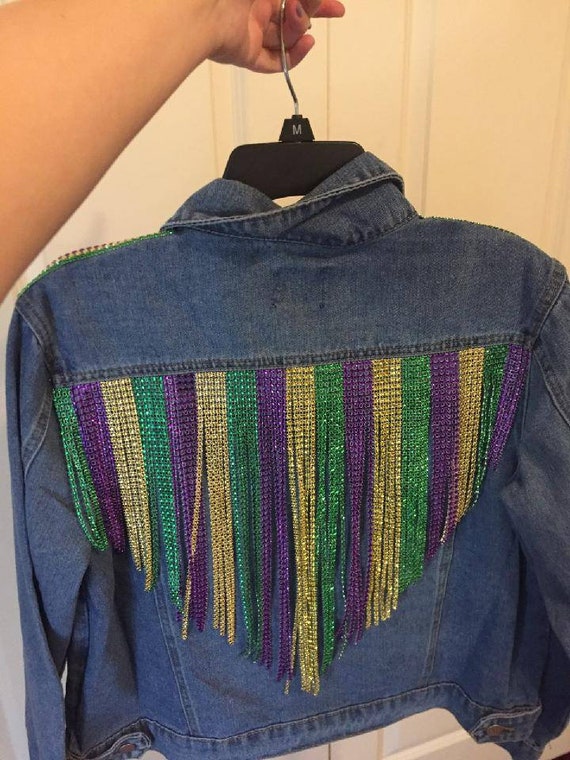 Denim Fringe Jacket Free Shipping Mardi Gras Jacket Etsy
