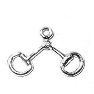 May include: A silver-colored horse bit charm with two circular rings and a central connecting piece. The bit has a small loop at the top for attachment. The charm is designed for jewelry making or crafting.