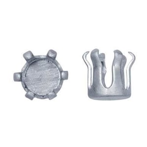 May include: Two silver metal settings for setting rhinestones or other gems. The setting on the left is a round cup with six prongs. The setting on the right is a cup with four prongs that are bent outward.