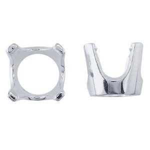 May include: Two silver metal settings for a square-shaped gemstone. One setting is a simple square frame, the other is a prong setting.