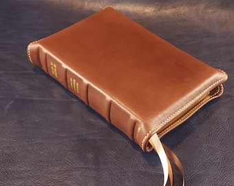 Brown Nappa sheepskin leather ESV Personal Size Extra Large Print Bible with light tan perimeter stitching and three ribbons