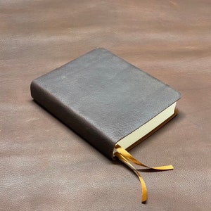 Custom Bible - Chocolate brown cowhide ESV Journaling Bible with two ribbons in a rugged leather style for Bible Journaling