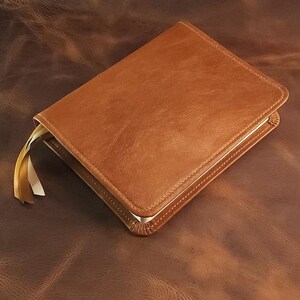 Brown sheepskin leather Beautiful Word Bible with honey brown perimeter stitching and three ribbons