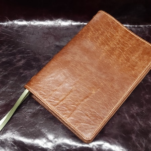 Brown sheepskin leather CSB She Reads Truth Bible with tan stitching and two ribbons