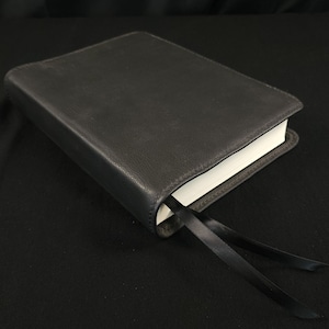 May include: A black leather-bound journal with a white spine and a black ribbon bookmark.