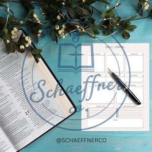 May include: A printable Bible journal page with sections for daily reading, reflection, questions, prayer requests, thankful for, on my heart today, and notes. The page is white with black text and lines.