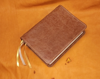 Custom Bible - Brown sheepskin leather ESV Journaling Bible with honey brown perimeter stitching and three ribbons for Bible Journaling