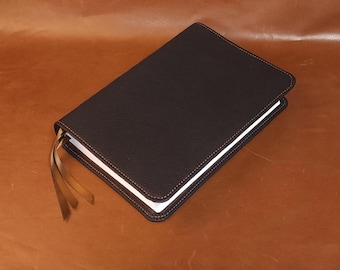 Handmade Black Cowhide Leather LSB Giant Print Reference Bible: Brown Stitch